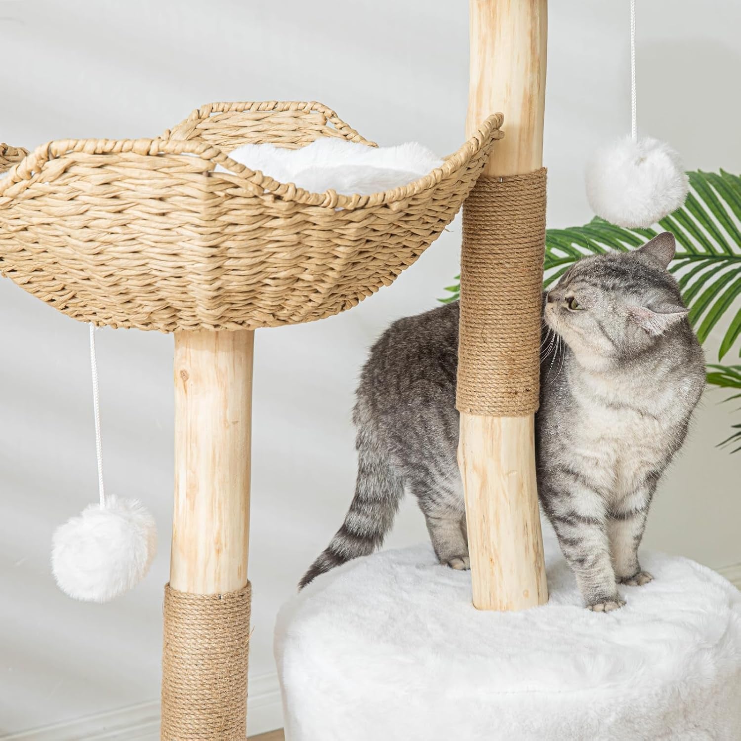 Cat Tree Tower, 46 Inch Modern Cat Tree for Indoor Cats Large Adult, Luxury Cat Condo with Scratching Post, Real Solid Wood Branch Indoor Boho Furniture, Climbing Tower, White