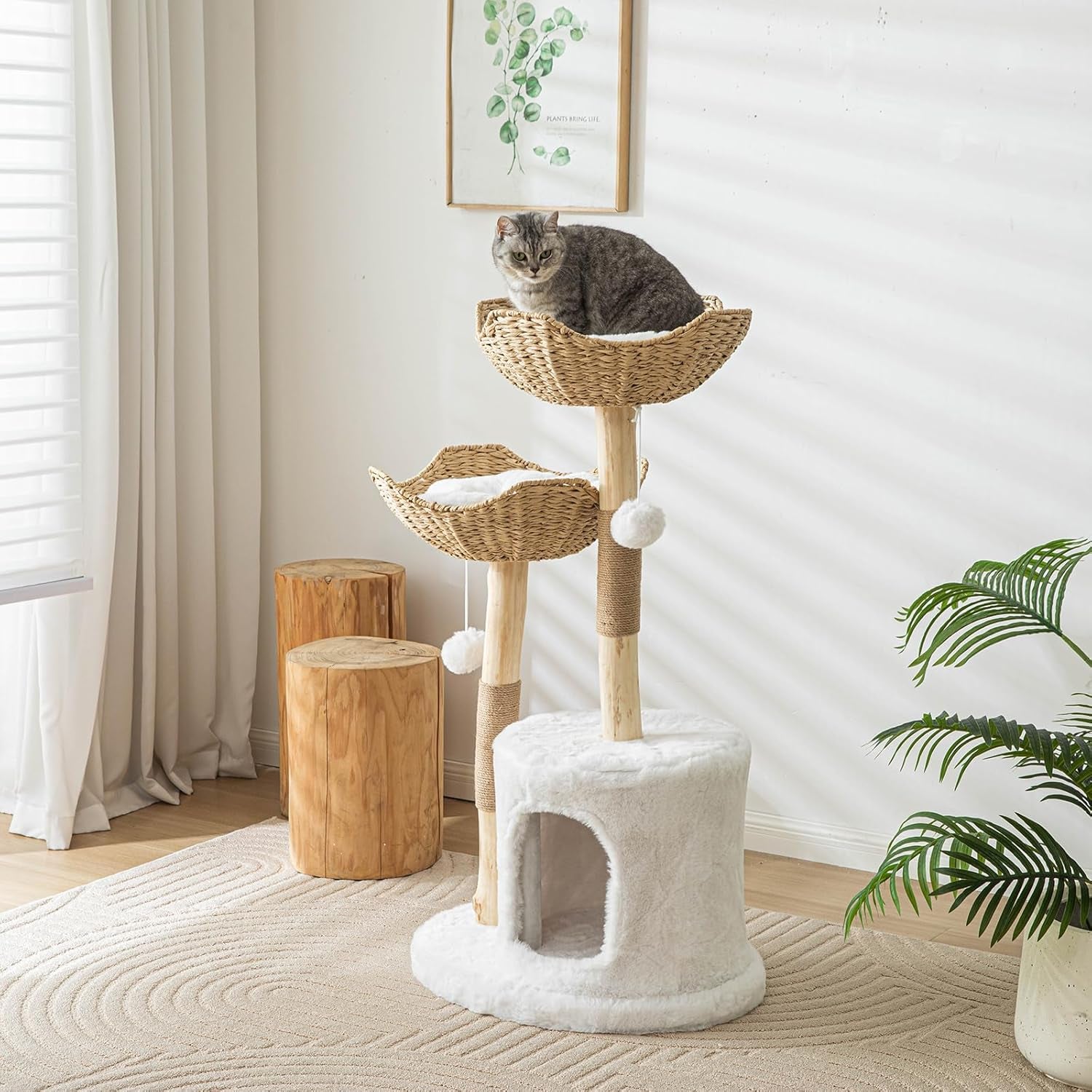 Cat Tree Tower, 46 Inch Modern Cat Tree for Indoor Cats Large Adult, Luxury Cat Condo with Scratching Post, Real Solid Wood Branch Indoor Boho Furniture, Climbing Tower, White
