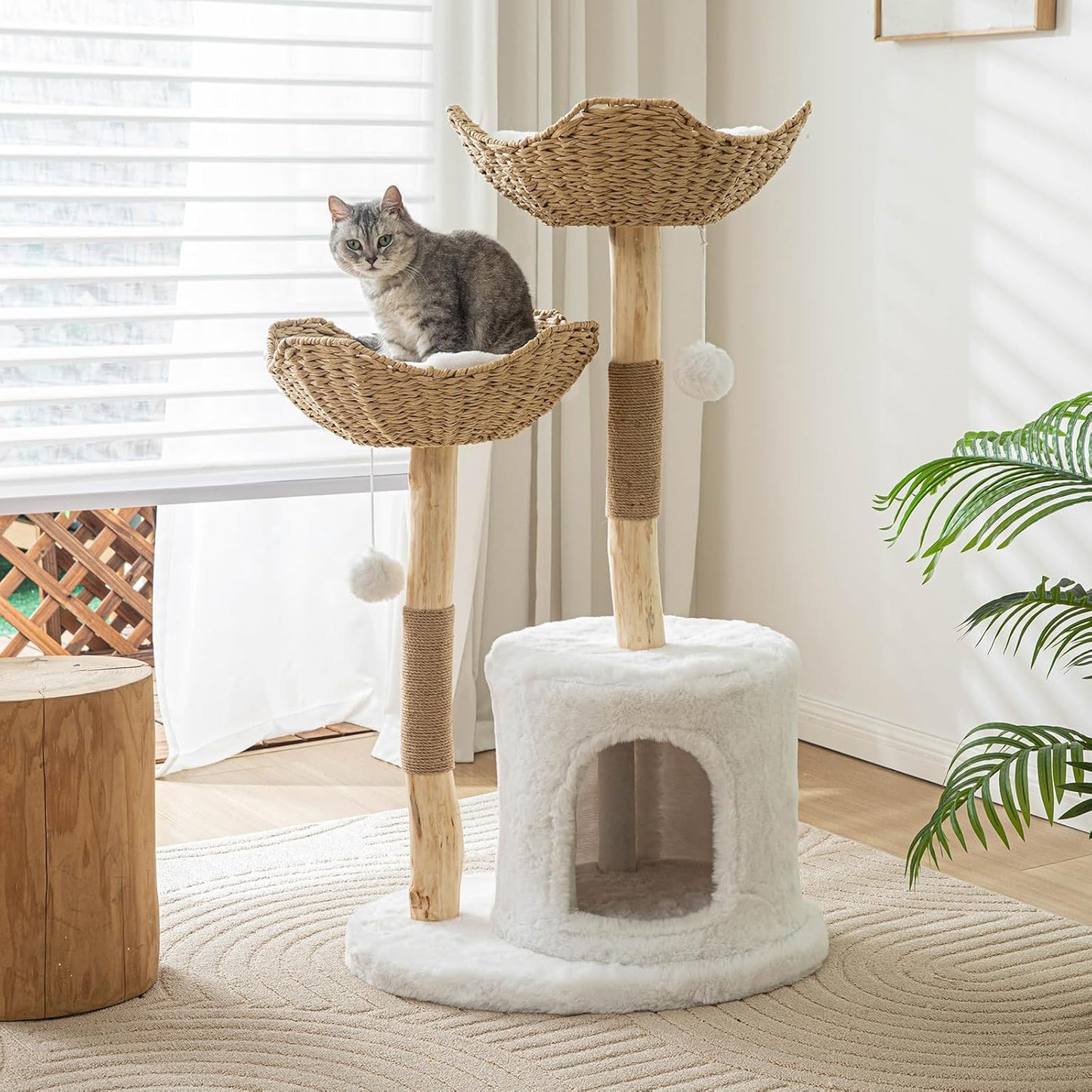 Cat Tree Tower, 46 Inch Modern Cat Tree for Indoor Cats Large Adult, Luxury Cat Condo with Scratching Post, Real Solid Wood Branch Indoor Boho Furniture, Climbing Tower, White