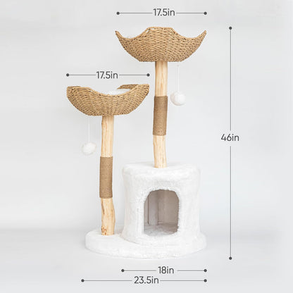Cat Tree Tower, 46 Inch Modern Cat Tree for Indoor Cats Large Adult, Luxury Cat Condo with Scratching Post, Real Solid Wood Branch Indoor Boho Furniture, Climbing Tower, White