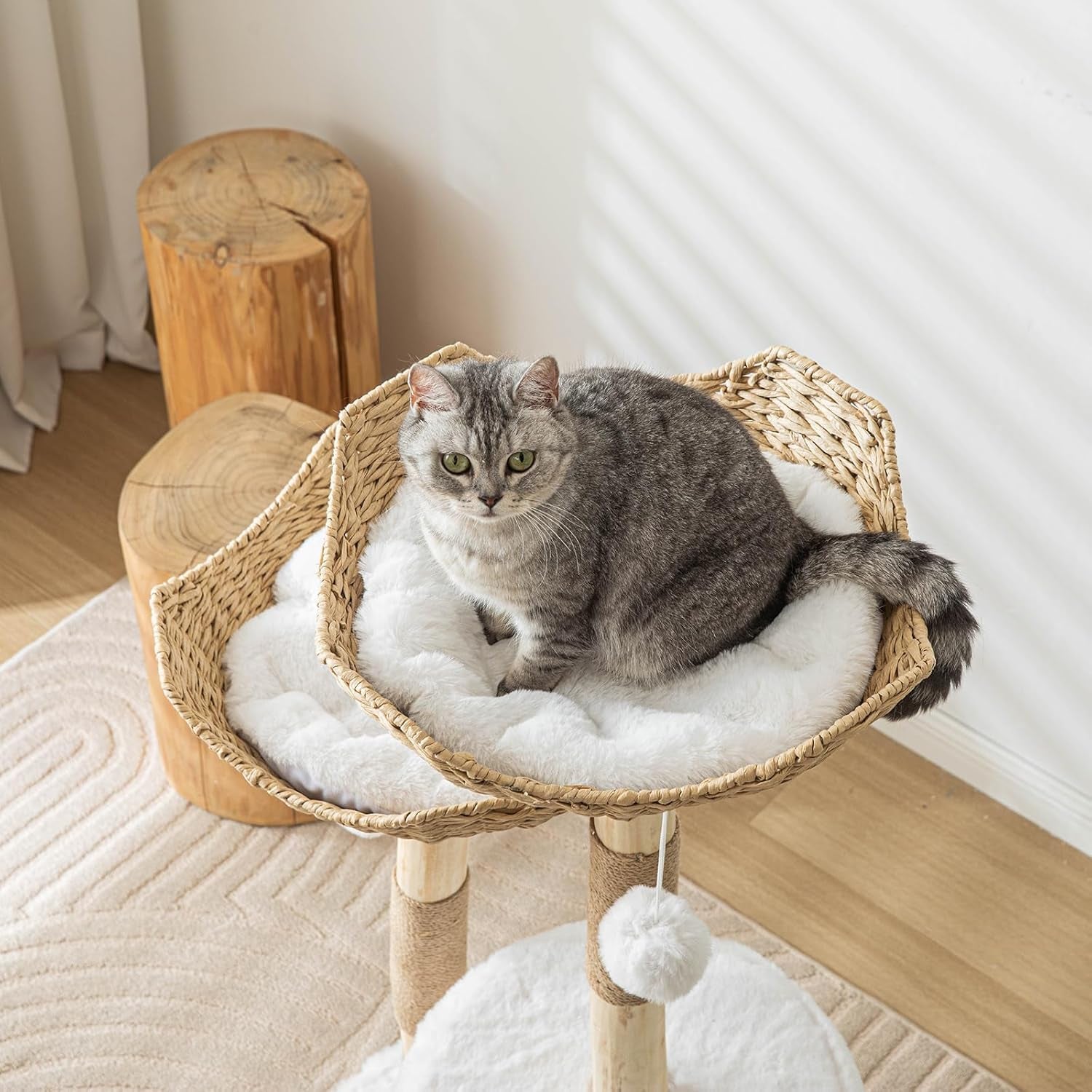 Cat Tree Tower, 46 Inch Modern Cat Tree for Indoor Cats Large Adult, Luxury Cat Condo with Scratching Post, Real Solid Wood Branch Indoor Boho Furniture, Climbing Tower, White